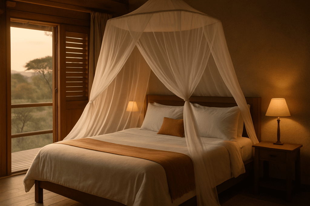 Bed met een klamboe tegen muggen met Malaria