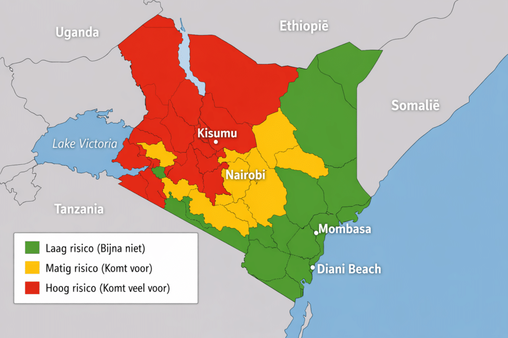 Een kaart van Kenia. In de kaart is het risicio van Gele Koorts in Kenia, per regio, aangegeven.