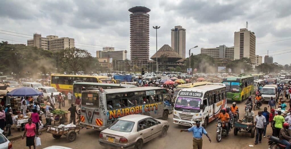 Afbeelding van een overvolle straat in Nairobi, waar verkeer van alle kanten komt en vastloopt.