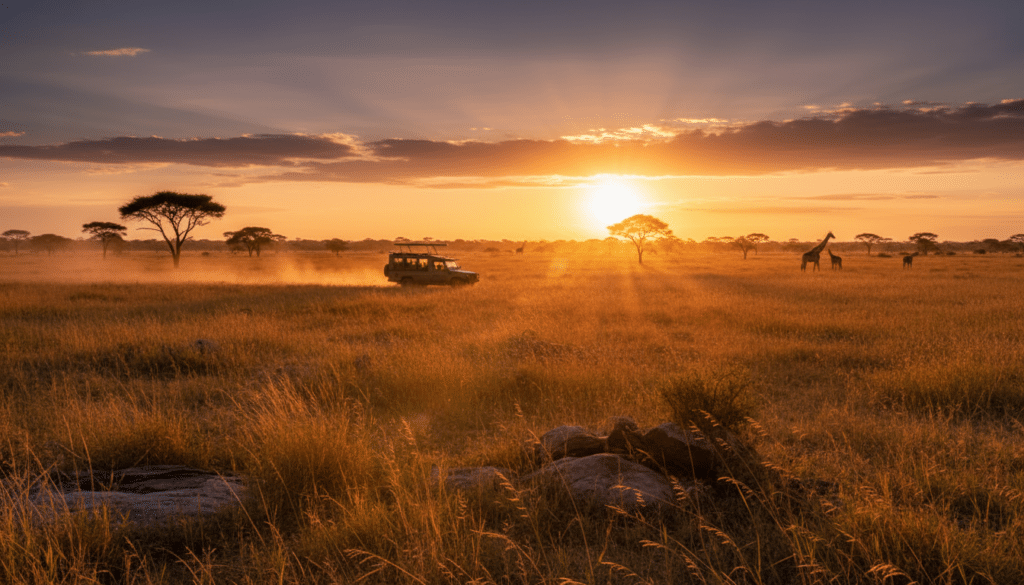 Een veilige sunset safari met wilde dieren op de achtergrond