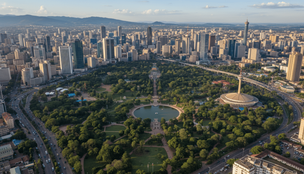 Aerial view of Uhuru Park and Nairobi city center